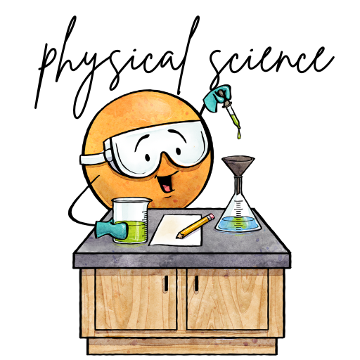  An orange Dot Dude with goggles doing a chemical reaction at a lab table with the title Physical Science